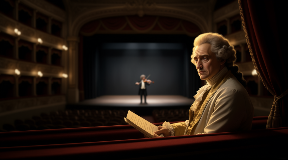 Драматическая сцена в полумраке театральной ложи. Антонио Сальери, в напудренном парике и богатой одежде, смотрит на сцену, где молодой Моцарт дирижирует своей оперой. 