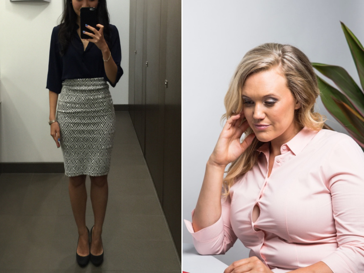 Складки на юбке и натянутые пуговицы на рубашке означают что нужно выбрать размер побольше