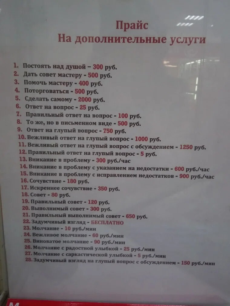 Фото прайс-листа с дополнительными услугами. Фото: Предоставлено собеседником URA.RU