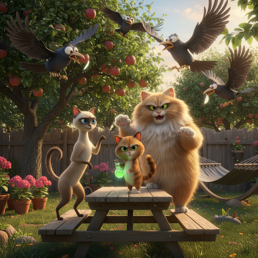 Наутро воронья банда вела себя особенно нагло. Карр-Капыч уселся на перила крыльца и громко комментировал завтрак котов.