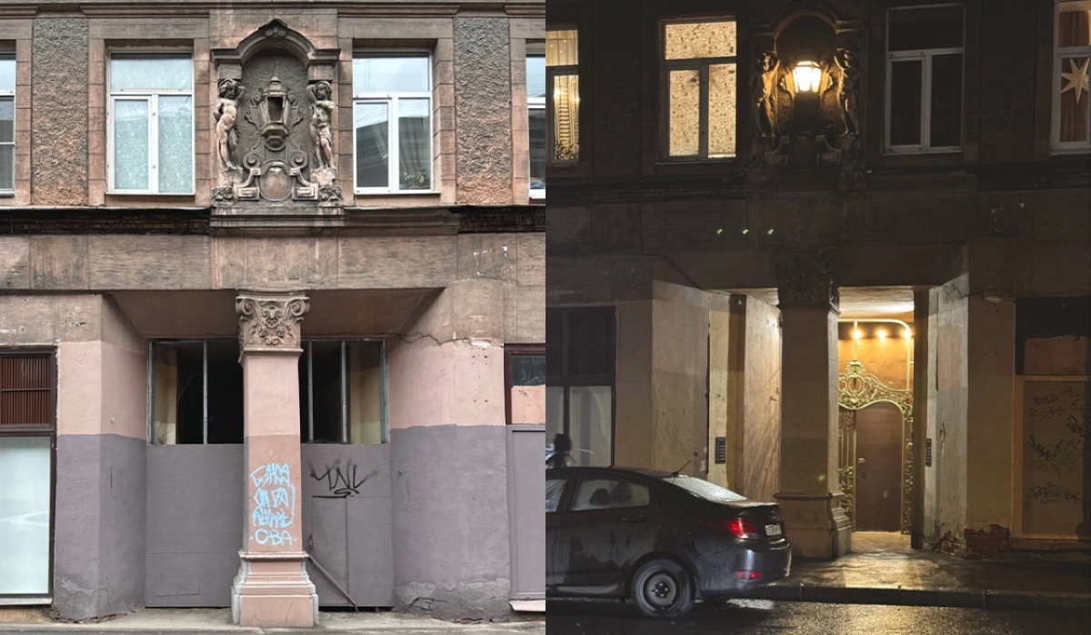     Парадный вход в этом историческом доме был всегда. Но в 1990-х "пропал" под бетонными плитами. На фото справа: вход после реставрации. Источник: rg.ru Автор фото: t.me/mettlachtiles