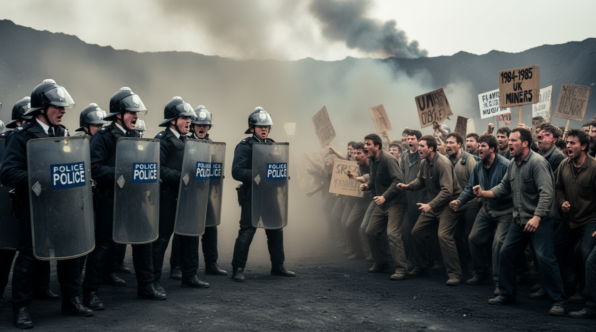 Столкновения между полицией и бастующими шахтёрами во время забастовки 1984-85 годов.