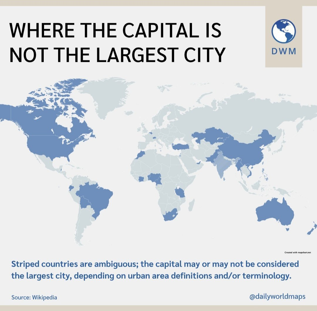 Источник: https://www.reddit.com/r/MapPorn/comments/1i3e1hr/countries_where_the_capital_is_not_the_most/ 