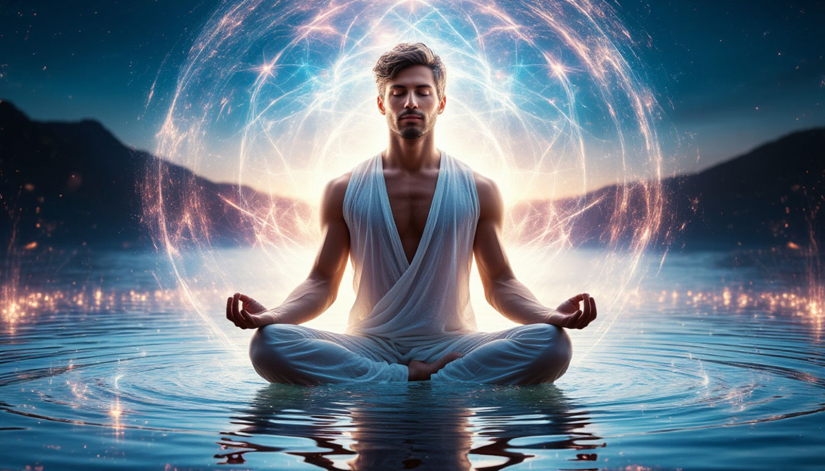 Человек в позе лотоса парит над океаном сияющей плазмы, где каждый вдох рождает новые миры — из выдыхаемого воздуха возникают деревья с драгоценными плодами, а из пульса сердца вытекает река света, питающая вселенную. Над макушкой открывается золотой портал, откуда льётся бесконечный поток возможностей, кристаллизующихся в реальные формы богатства.