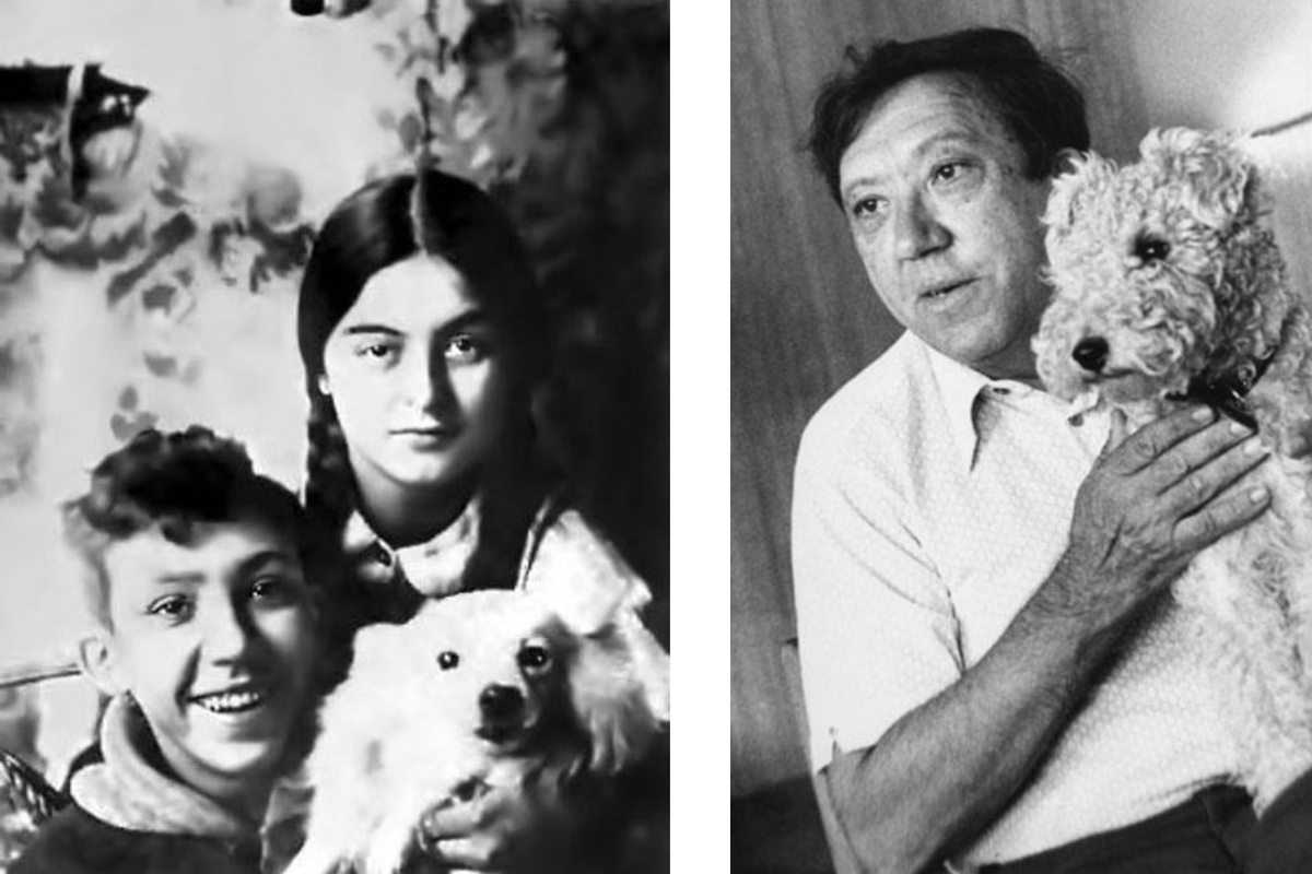 Юрий Никулин в детстве с тётей и собачкой Малькой, фото https://dzen.ru/cinemablog, Юрий Никулин с одной из своих собак, фото https://kulturologia.ru/