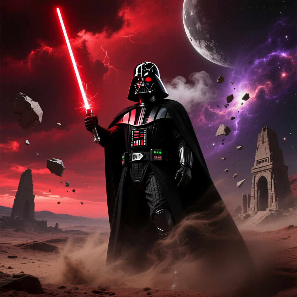 Темный лорд ситхов изображён в полный рост, подняв руку с зажжённым красным световым мечом. Мощная красная полоса меча отчётливо выделяет фигуру Вейдера на фоне космического пейзажа. Его классический облик — массивный броненосный костюм, гротескный шлем и шипящее дыхание — создают сильное впечатление. Подобная поза подчёркивает его позицию верховного властелина Тёмной стороны, чей меч символизирует сломанную природу кристалла и одержимость властью.