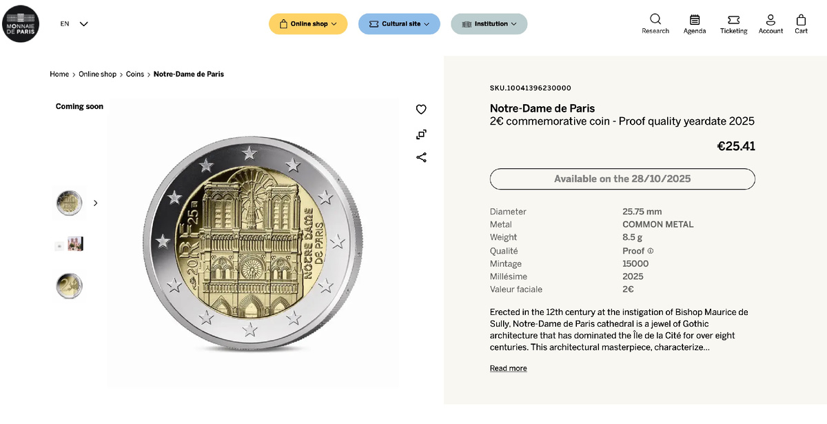 скриншот страницы сайта https://www.monnaiedeparis.fr