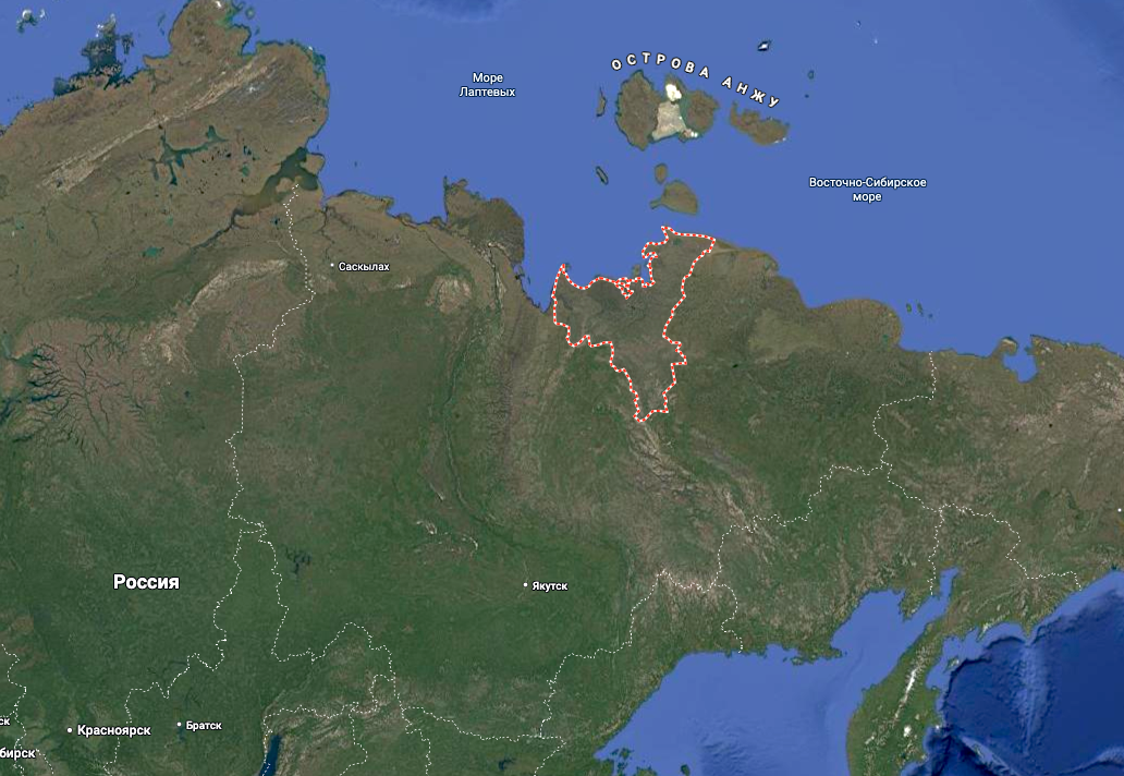 Арктический Усть-Янский район Якутии на картах Google