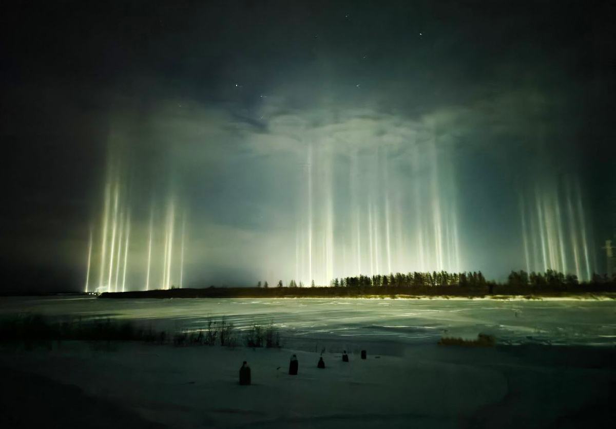 Световые столбы в Верхнеколымском районе Якутии. Фото: газета «Колымские новости» / t.me/kolnews_zyr