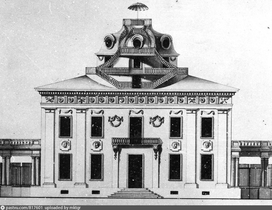 Фасад дворца Паульлюста (Пауль-луст) со стороны кухонного двора. 1760–1782 гг.
Архитектурное проекционное изображение со стороны нынешнего внутреннего двора. Фасад здания, находившегося на месте Павловского дворца до начала строительных работ по его возведению в 1782 году.