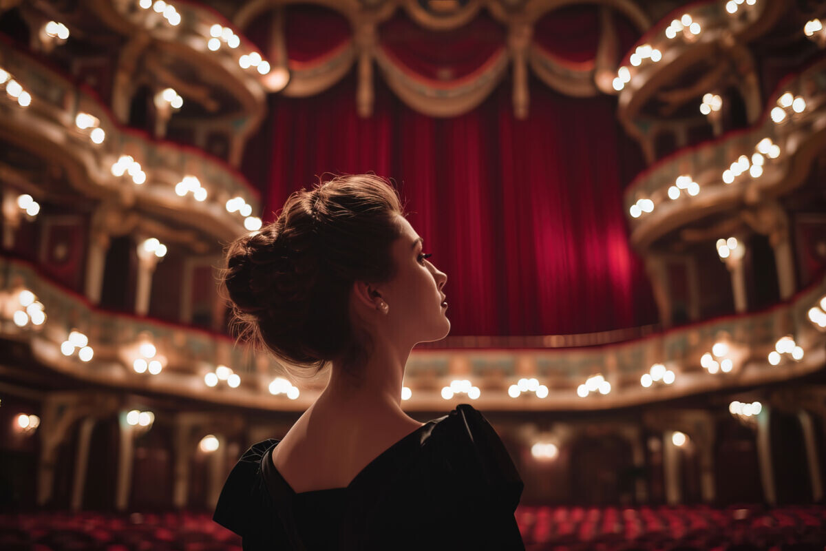    Portrait of an opera singer performing in a beautiful theater. Realistic. In the background, the red curtain of the theater is visible. Exciting photo. Analog style. Taken with an 85 mm lens, ISO 100, f/1.8. Maximum quality and detail. --ar 3:2 --v 6 Job ID: a2368d3f-bd1c-4588-9cd7-2c3488bccde1 Карина Жук