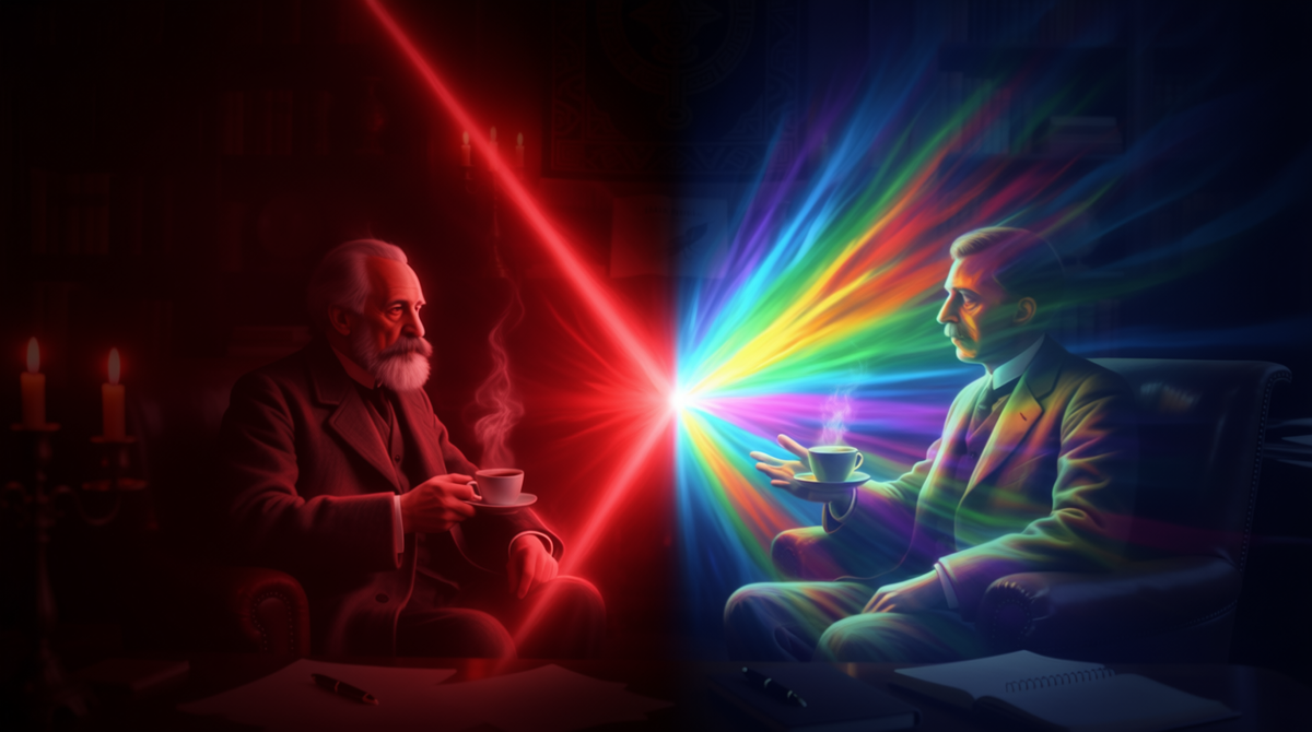 Символическое изображение концепции Либидо по Фрейду и Юнгу. `Визуальная метафора: слева — суженный, сфокусированный луч красного света, символизирующий сексуальную энергию (Фрейд). Справа — широкий, радужный спектр света, переливающийся всеми цветами, символизирующий творческую жизненную силу (Юнг). Оба луча сталкиваются в центре композиции.