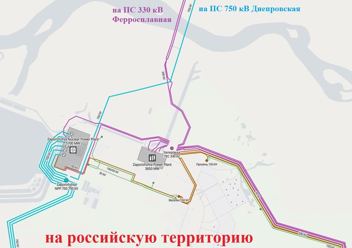 Карта-схема подключения ЗАЭС. ВЛ 750 кВ ЗАЭС – Днепровская подключили, транзит 330 кВ ЗАЭС – ЗТЭС – Ферросплавная вроде как ремонтируют. Загадка от МАГАТЭ – насчитайте 10 ВЛ от ЗАЭС)