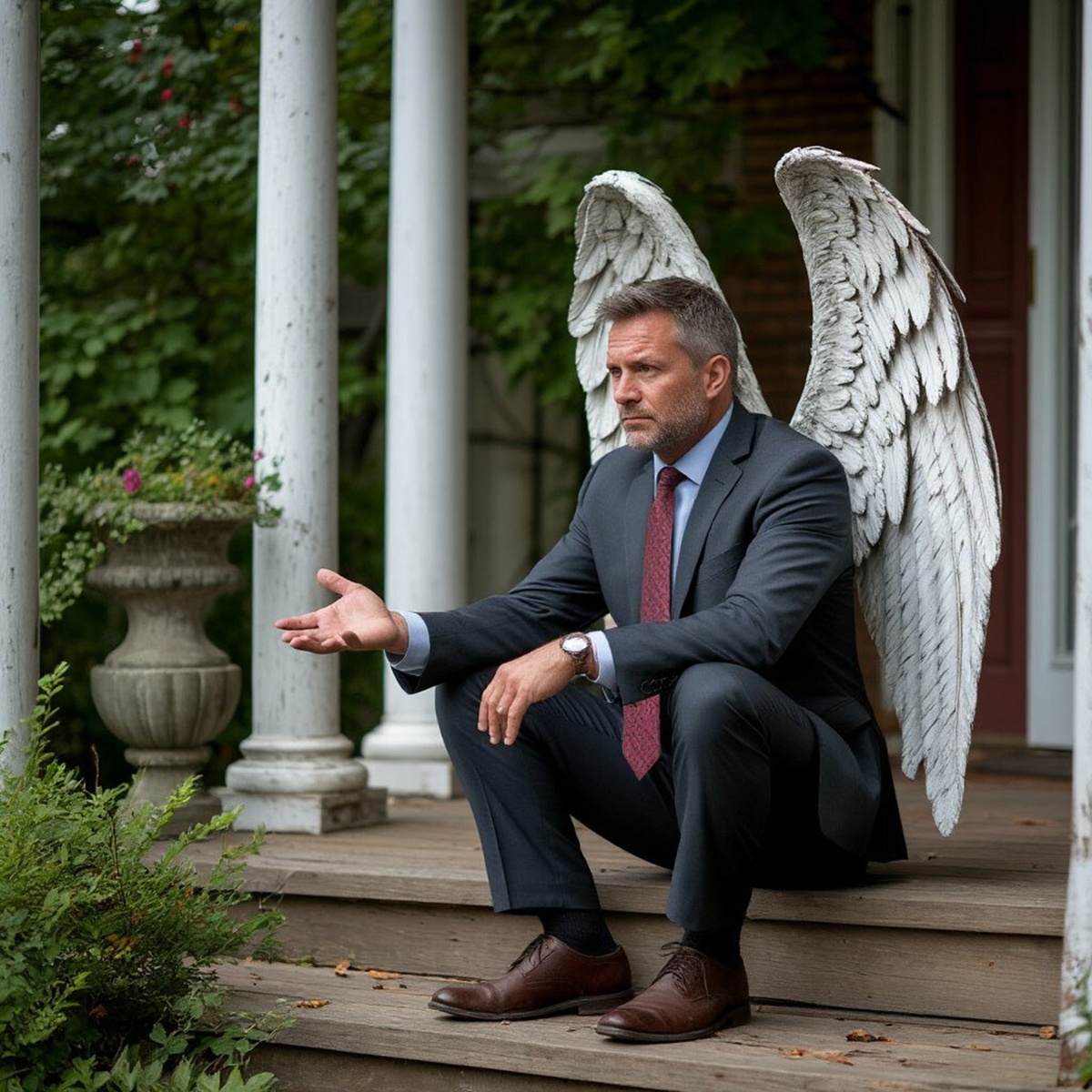 Юрист с грязными и сломанными крыльями ангела сидит на паперти с протянутой рукой» — картинка создана в Шедеврум