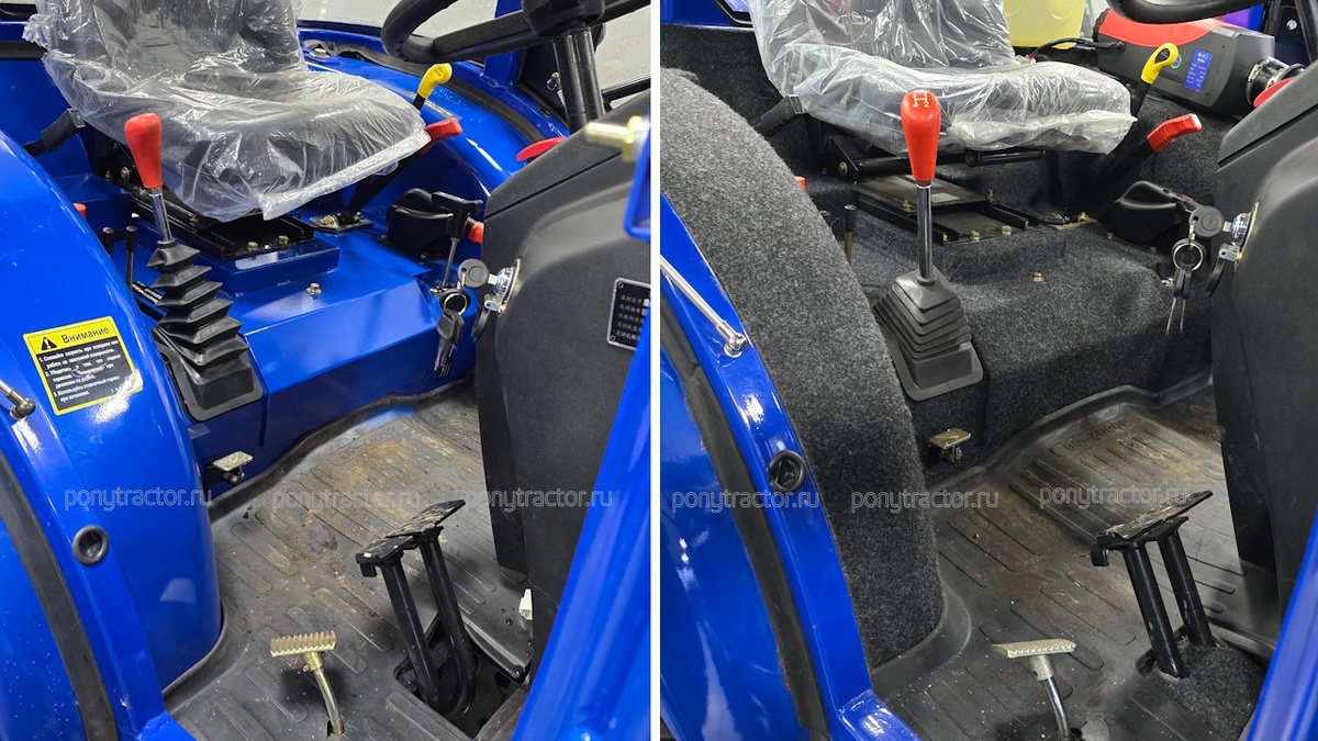 Кабины мини-трактора DONGFENG DF-244G2B: слева - стандартная комплектация, справа - комплектация ЛЮКС. Коллаж автора.