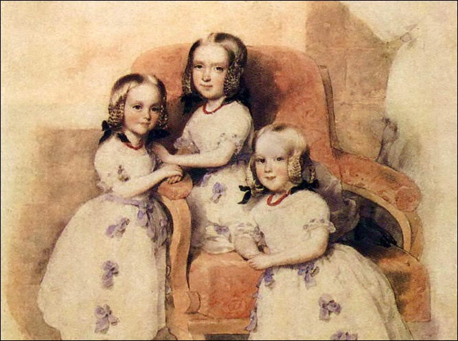 Дочки Екатерины и Дантеса слева направо: Леони, Матильда, Берта. Художник Леопольд Фишер. 1843 г.