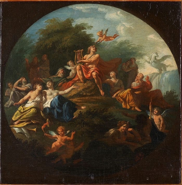 Д. К. Скотти (1780/1781 – 1825) «Парнас. Аполлон и музы. Эскиз росписи плафона». Холст, масло. Размеры: 49,5 x 49,5 см (круг в квадрате). Инв. Ж-383. Таганрогский художественный музей. Фото картины взято из открытого источника.