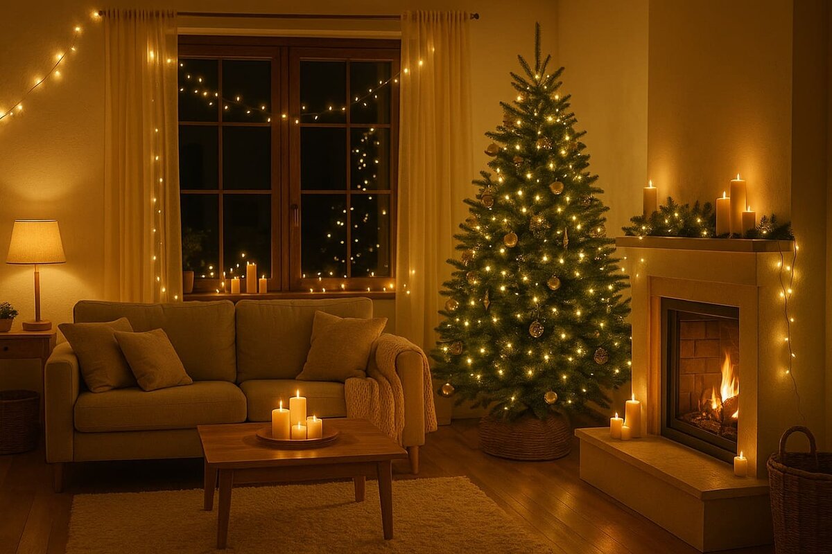 Реалистичная уютная гостиная, украшенная к Новому году 2026