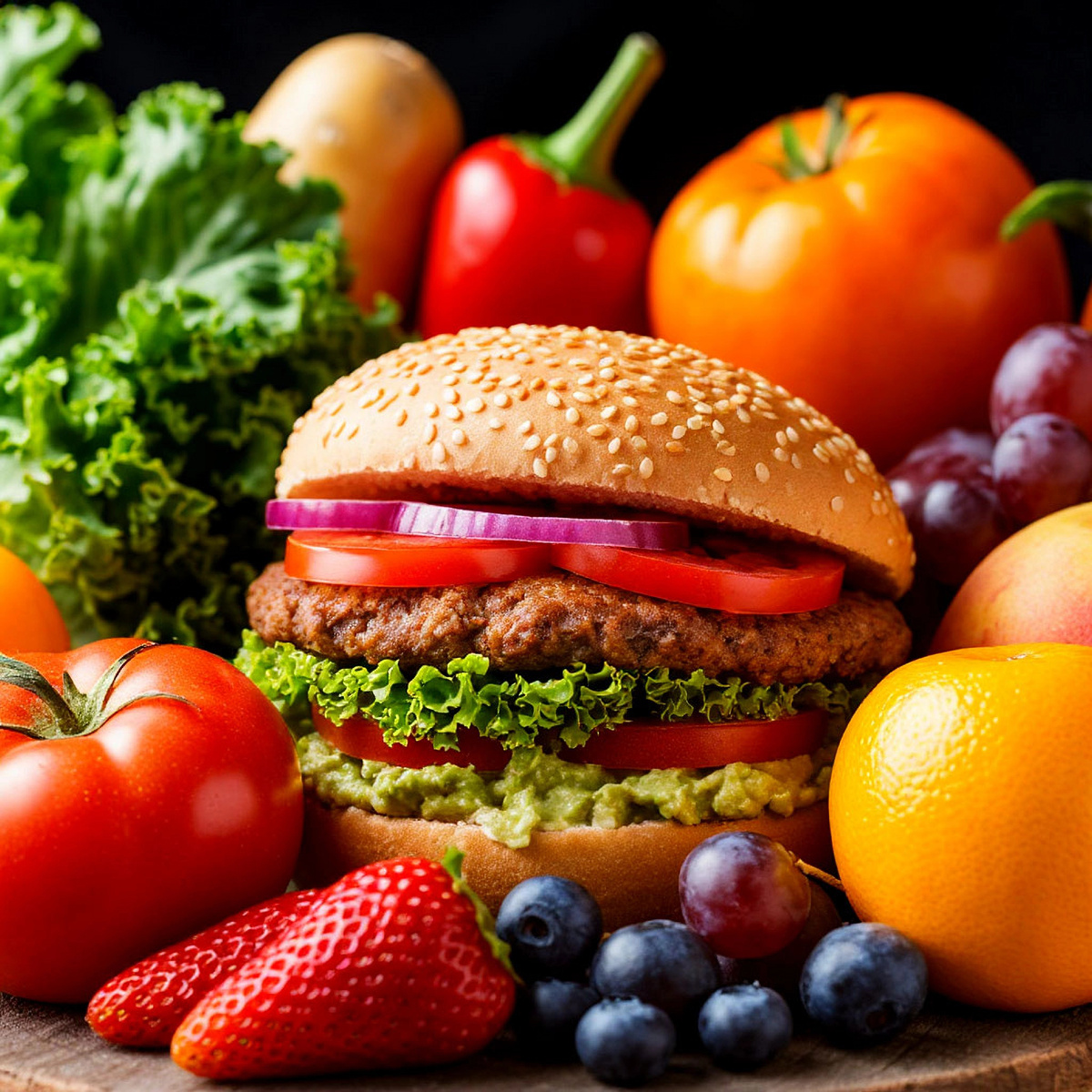 Фрукты, овощи, бургер.