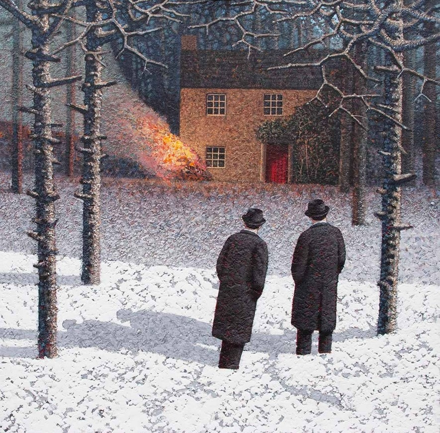 Автор этой явно криминальной картинки - Марк Эдвардс. Как бы вы ее назвали? Мне кажется, это Шерлок Холмс и доктор Ватсон подожгли дверь злодею Мориарти. Ну, или просто - два криминальных охотника на снегу. 