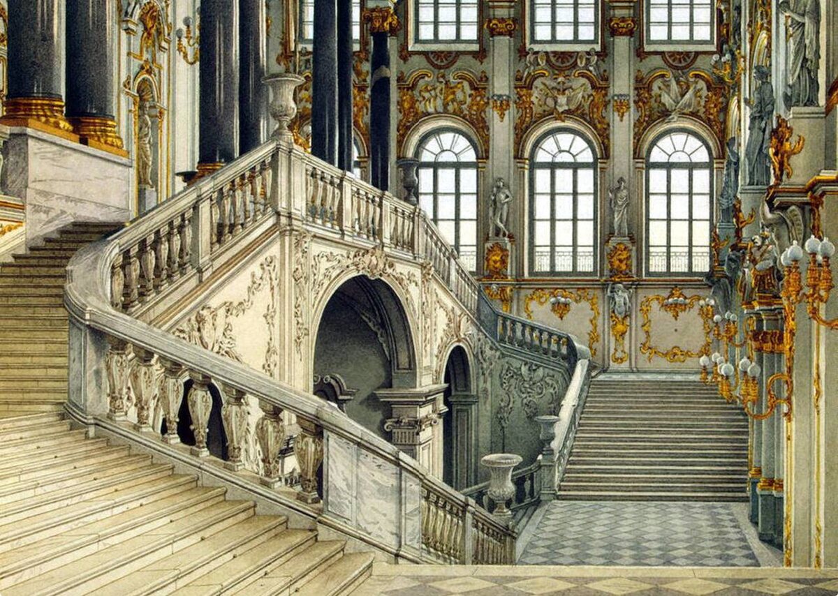 К. А. Ухтомский. Парадная лестница Зимнего дворца в Санкт-Петербурге. Акварель. 1866.