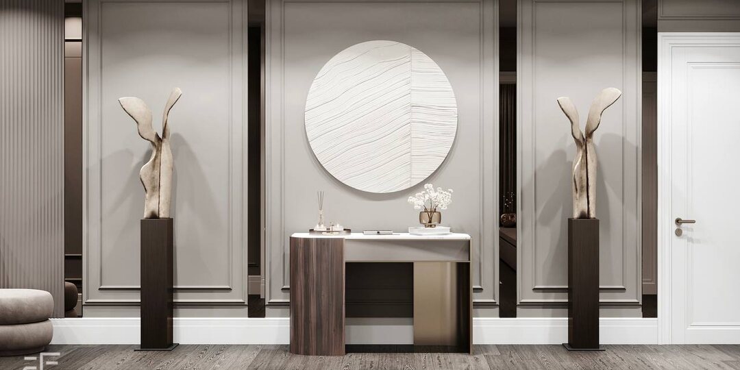 Монохромная гармония: круглое зеркало и парящая консоль в холле