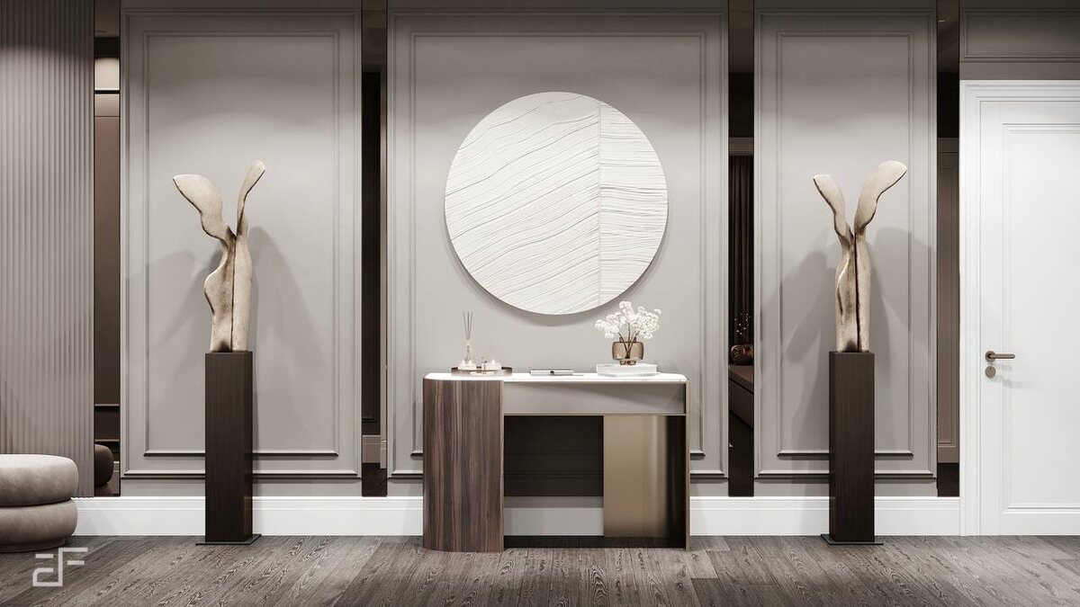 Монохромная гармония: круглое зеркало и парящая консоль в холле