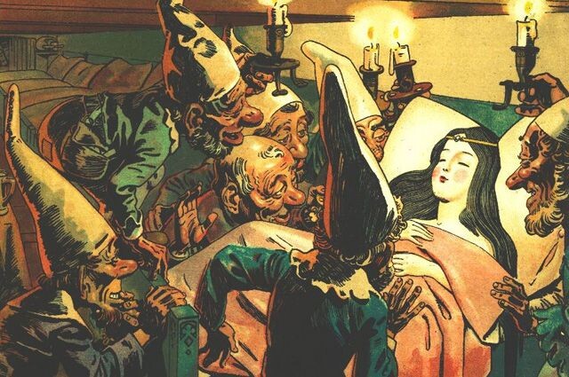 Семь гномов обнаруживают спящую Белоснежку