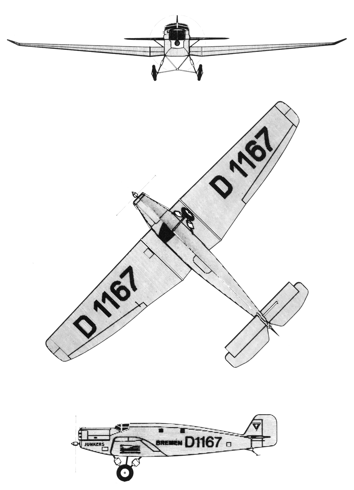 самолет Junkers W.33b Bremen: размах крыла 17,75 м; длина 10,60 м; высота 3,16 м; площадь крыла 44,00 м²; масса пустого самолета 1370 кг; взлетная масса 3700 кг; максимальная скорость 205 км/ч; практический потолок 3600 м. Чертеж airwar.ru