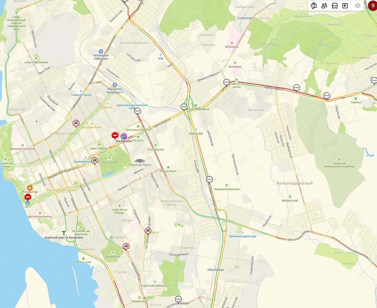 Пробки 8 баллов на дорогах Хабаровска.