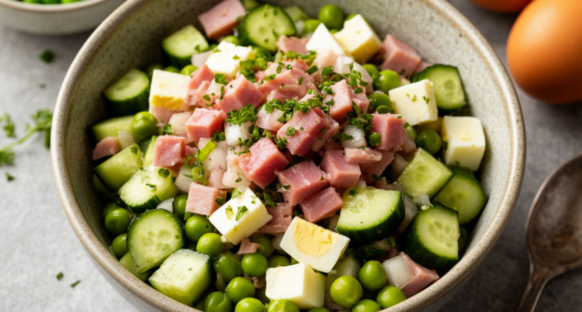    Выкладываем банку горошка и режем 2 яйца – гора вкуснейшего салата готова: за ушами трещать будет