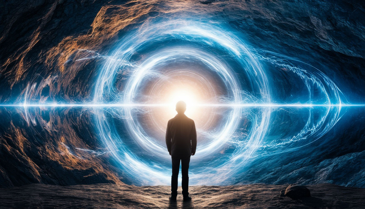 Человек наблюдает за суперпозицией возможностей, и в момент осознанного выбора волновая функция коллапсирует в сияющую реальность.