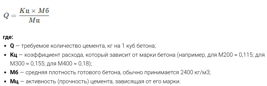 Формула для расчёта цемента на куб бетона