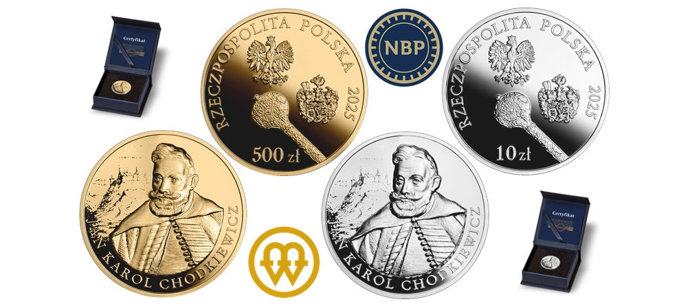    Золотые и серебряные монеты Польша 2025 гетман Ходкевич высокий рельеф