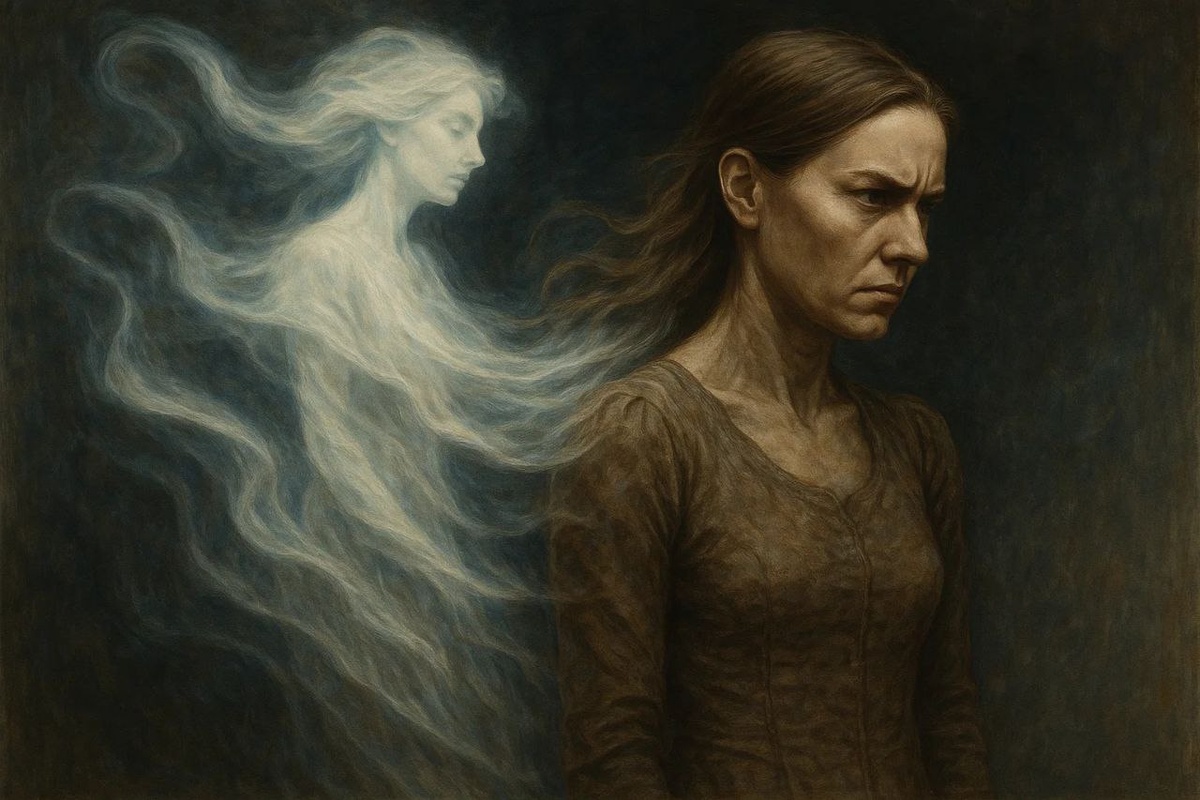 Метафорический образ, созданный ИИ: Женщина, которая теряет свою природную лёгкость. 
