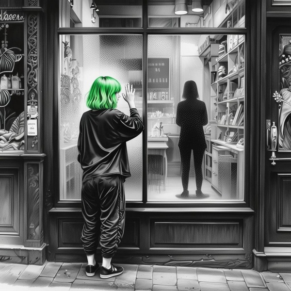 Зеленоволосая девушка у витрины (Изображение сгенерировано ИИ)
