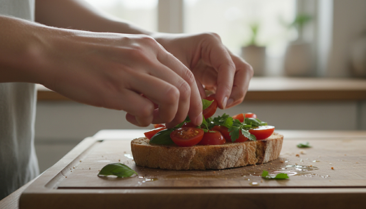    Выкладывают помидоры на тост