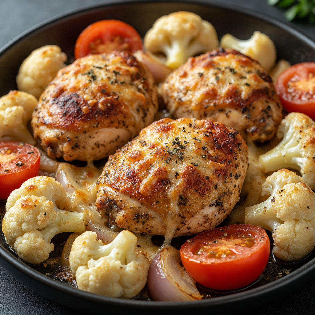 Куриные бедрышки с цветной капустой и томатами в духовке — вкусный ужин за 40 минут.