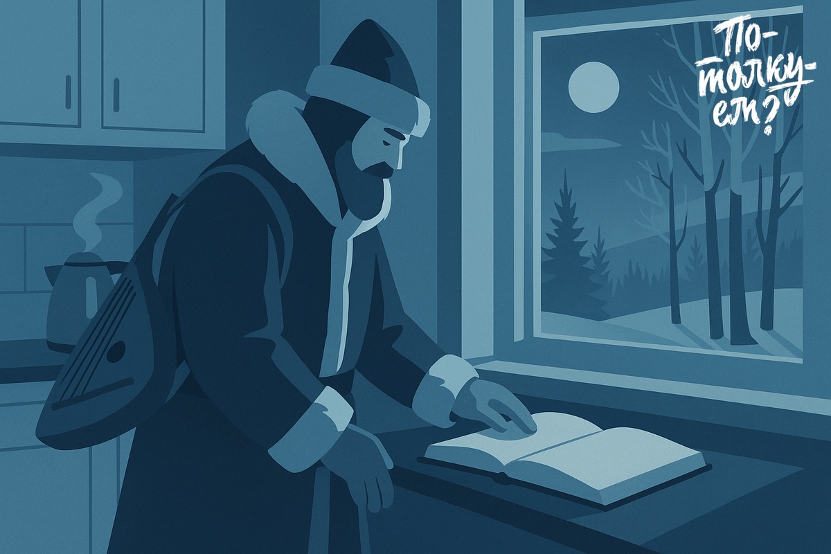 Садко в зимней шубе стоит у стола и листает открытую книгу у окна зимой