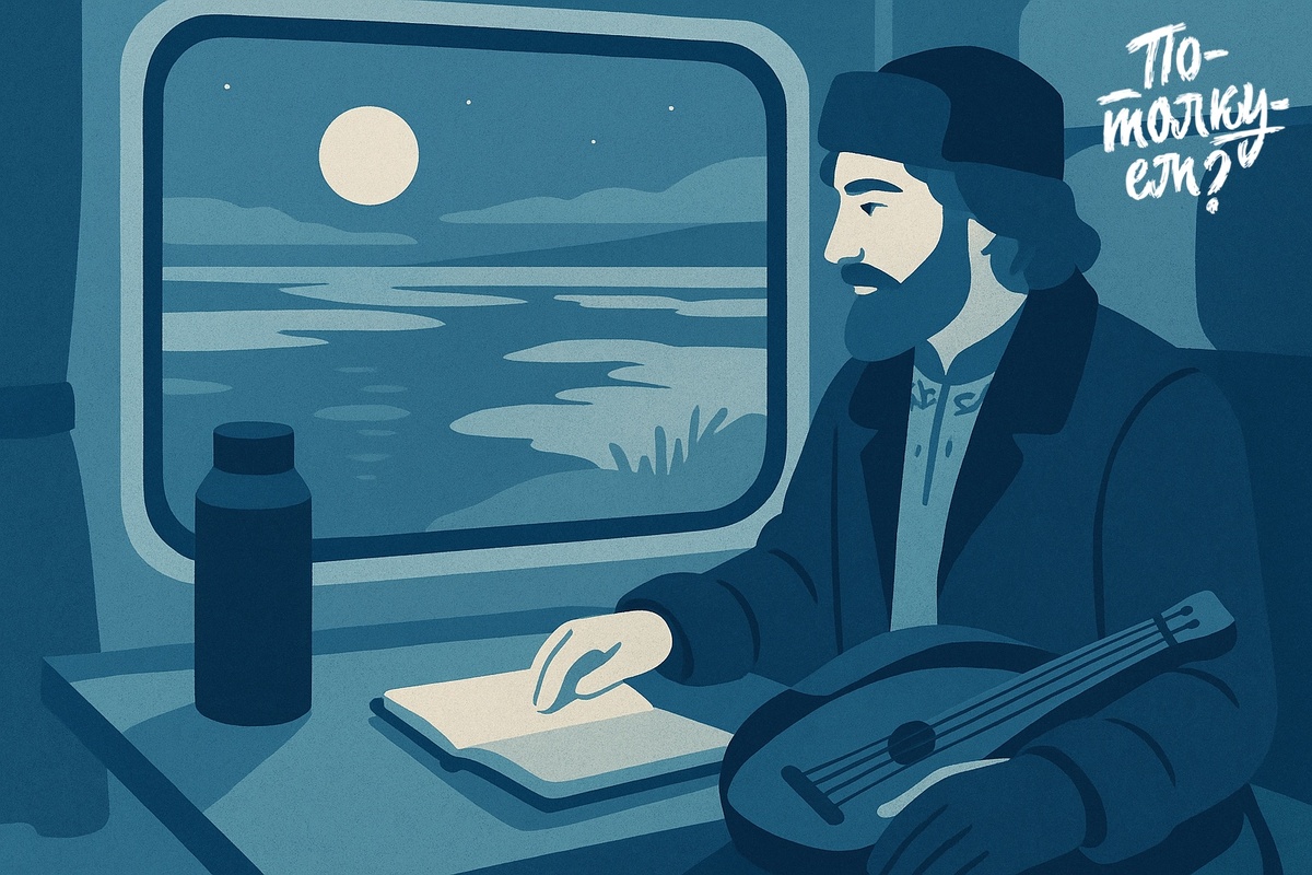 Садко в зимней куртке сидит в поезде с блокнотом и смотрит в окно на луну