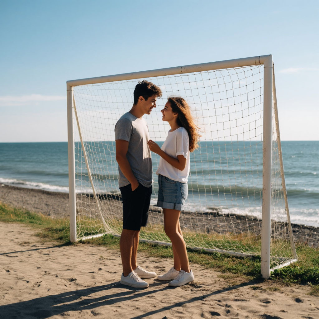 
Он видит жизнь как футбольное поле: есть ворота, есть правила, и нужно забить. Она живёт в мире, где правила пишутся музыкой, а главные ворота — это сердце зрителя. Роман, подающий надежды футболист, и Аня, выпускница школы искусств, встречаются на залитой солнцем набережной Анапы. Он — мыслящий категориями пасов и голов. Она — дышащая пластикой и поэзией. 
Их миры сталкиваются, как мяч о штангу, и это столкновение рождает искру. Лето, пахнущее морем и чебуреками, становится для них временем шуток, споров о высоком и приземлённом, первых поцелуев под шум прибоя и щелчок фотовспышки. Но лето скоротечно. Впереди у него — жёсткий отбор в академию, у неё — поступление в столичный хореографический. Смогут ли «мяч» и «танцовщица» найти общий ритм, когда музыка лета замолкнет?
