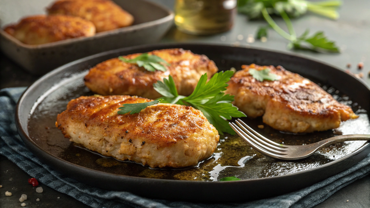 Фото: Несколько аппетитных, золотисто-румяных кусочков жареной куриной грудки