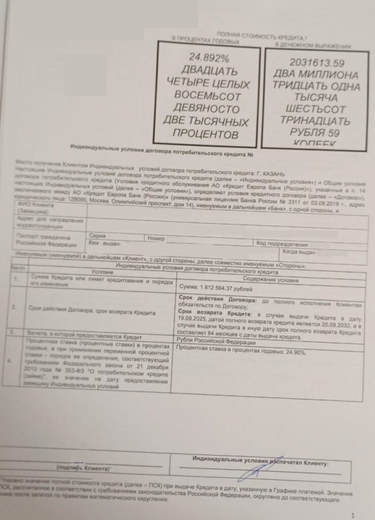 Кредитный договор в АО "Кредит Европа Банк"