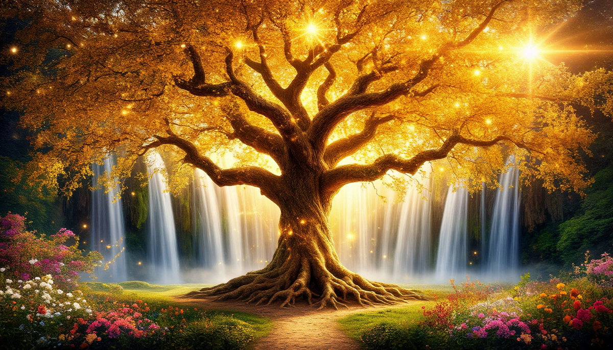 Великое древо жизни, чьи корни уходят в вечные законы мироздания, а крона танцует в ритме непрерывных превращений. С ветвей струятся водопады из золотого света, питающие сады, где цветы распускаются за секунду и век одновременно. 