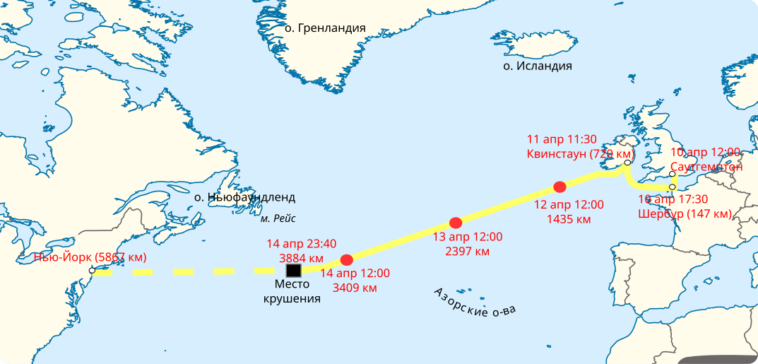 Подробный мартрут "Титаника".