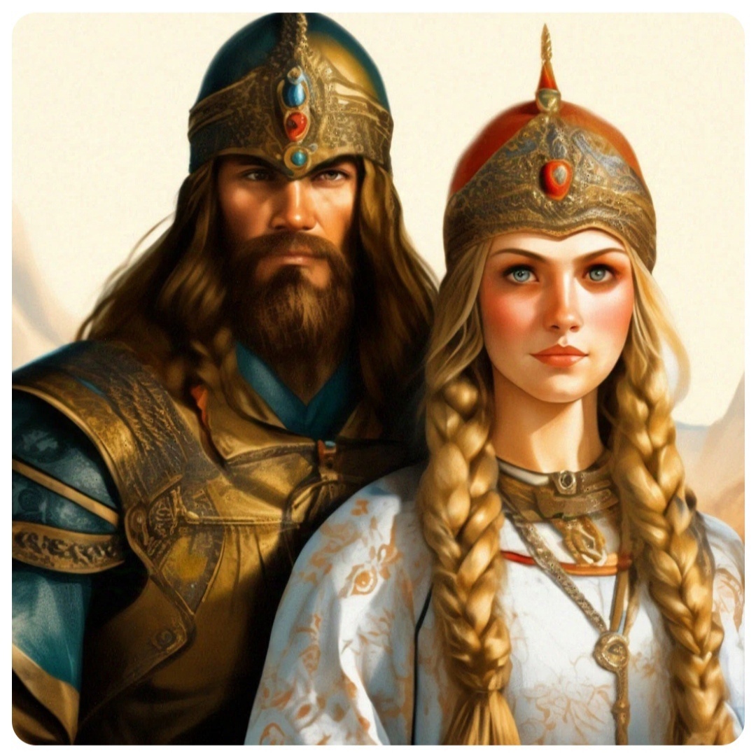 Русский богатырь Добрыня Никитич с русской богатыршей Настасьей Микулишной. Из открытого источника