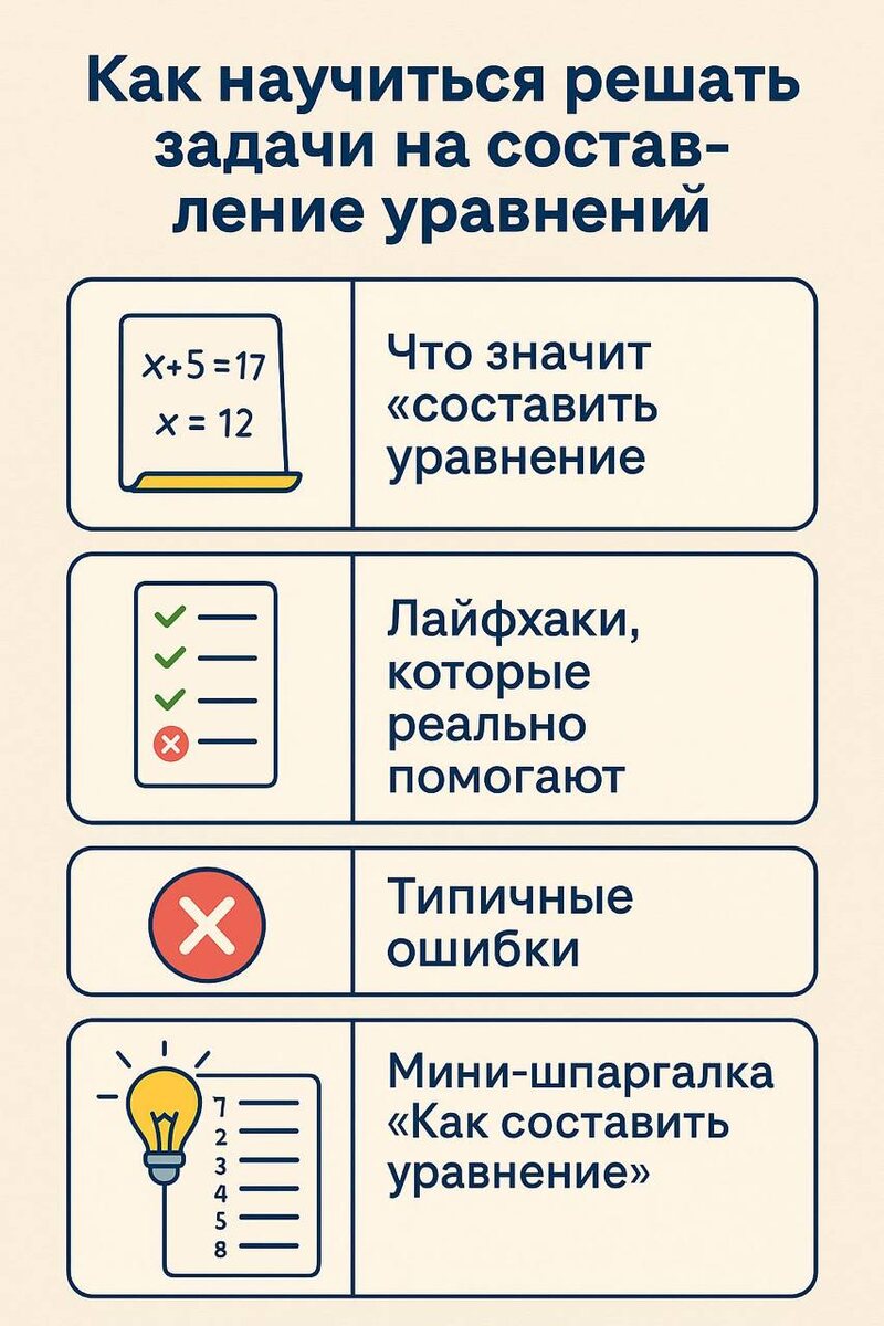 
Как научиться решать задачи на составление уравнений
Задачи на составление уравнения — это не просто вычисления. Это мини-головоломки, где нужно перевести текст на язык математики. Именно этот шаг чаще всего вызывает трудности: дети читают задачу, но не понимают, что обозначить за x и как из текста получить уравнение.
Когда мы решаем задачу через уравнение, мы делаем три шага:
1. Вводим неизвестное. Пусть x — то, что мы ищем.
2. Составляем математическую модель. Переводим фразы вроде «на 5 больше», «в два раза меньше», «разделили поровну» в выражения.
3. Решаем уравнение и проверяем ответ в условии.


Пример:
В коробке лежало несколько карандашей. Когда добавили ещё 5, стало 17. Сколько было сначала?
Пусть x — было сначала.
Тогда x + 5 = 17.
Отсюда x = 12.

> Юлия Евгеньевна:
🚀 Лайфхаки, которые реально помогают:
✅ 1. Перепиши задачу коротко, своими словами.
✅ 2. Нарисуй схему или таблицу.
✅ 3. Начни с простого: «пусть x — что?»
✅ 4. Всегда читай последнюю строчку задачи.
✅ 5. Проверяй ответ — не формальность.
⚙️ Типичные ошибки:
1. Не то обозначили за x.
2. Пропущена зависимость между величинами.
3. Не разобрали сложное предложение — перепиши задачу проще.


🧠 Как тренироваться:
- Начни с задач на возраст, цены, работу.
- Придумывай свои простые задачи и уравнения к ним.
- Меняй, что принимаешь за x, чтобы научиться гибкости.
🌟 Мини-шпаргалка «Как составить уравнение»:
1. Прочитай задачу.
2. Подчеркни главный вопрос — что ищем.
3. Пусть x — это то, что ищем.
4. Запиши всё, что «было», «стало», «добавили», «отняли».
5. Найди связь «=».
6. Составь уравнение.
7. Реши.
8. Проверь по тексту.
😄 Шутка-подсказка:
«Кто я такой, если, добавив ко мне 5, получим 17?» — «Я 12!»
