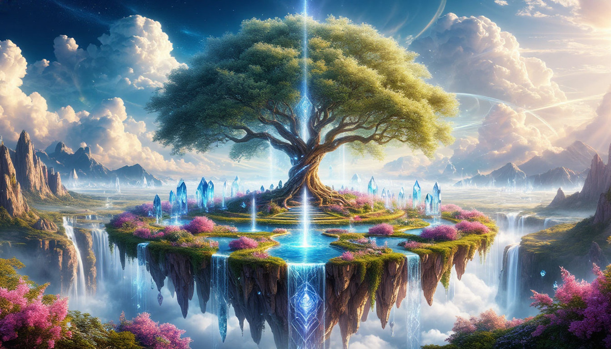 Парящий остров с кристаллическими структурами, чьи основания уходят в облака вечных ценностей. По спиральным мостам из света текут реки взаимопонимания, фонтаны радости питают сады состоявшихся мечт, а в центре — дерево с листьями-зеркалами, отражающими внутреннюю гармонию.