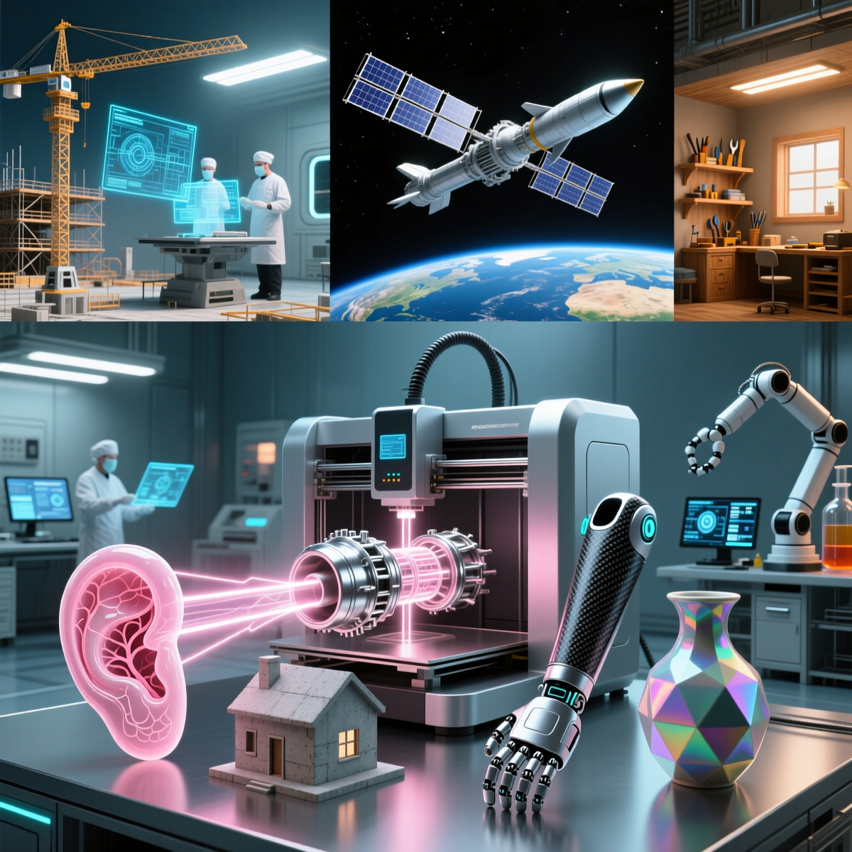 Промт:

"Футуристическая сцена, демонстрирующая революционное влияние 3D-печати на разные сферы жизни: в центре — современный 3D-принтер, из которого одновременно вырастают разные объекты — человеческое ухо (биопечать), деталь ракетного двигателя, миниатюрный дом из бетона, медицинский протез и декоративная ваза. Фон разделён на сегменты: операционная, строительная площадка, космическая станция, домашняя мастерская и промышленная лаборатория. Стиль — реалистичный, с элементами научной фантастики, яркое освещение, акцент на технологичности и инновациях." 