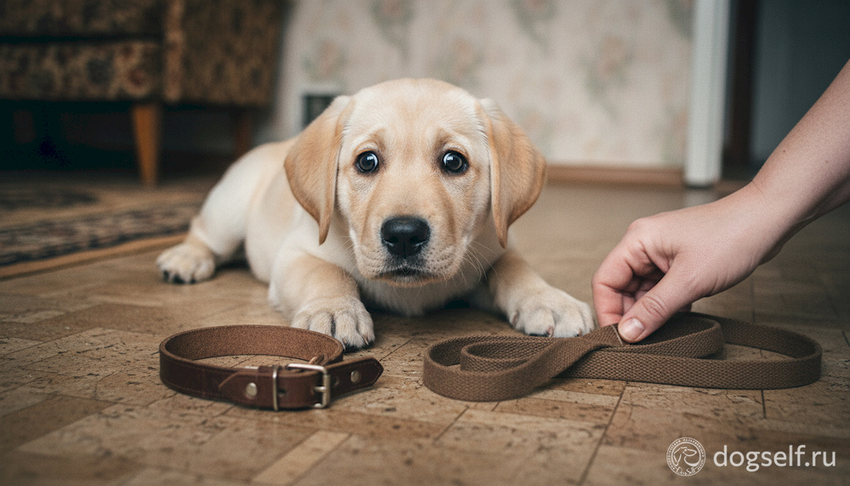 Маленький щенок лабрадора с испугом и недоверием смотрит на лежащий перед ним ошейник, иллюстрируя начальный страх перед неизвестной амуницией | Изображение: DogSelf